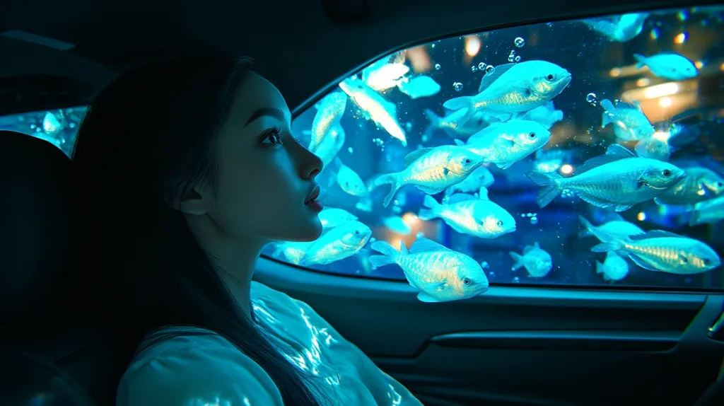 A young woman with long dark hair sits in a car at night.  The car's window is a large aquarium, filled with numerous glowing, light blue fish swimming. The woman gazes out at the fish, her profile illuminated by the ethereal blue light. The scene is surreal and dreamlike, creating a sense of tranquility and mystery.  The contrast between the woman and the aquatic environment is striking.