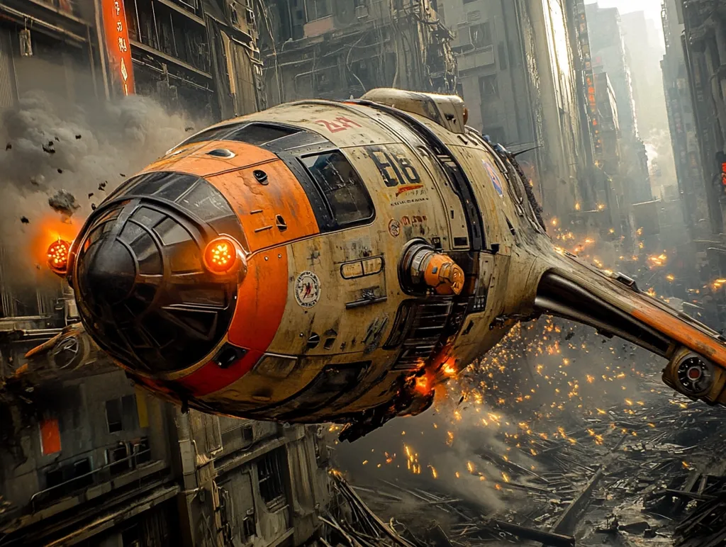Here's a description of the image:

The image depicts a damaged, futuristic spacecraft, predominantly orange and beige, amidst a crumbling, smoke-filled cityscape.  Sparks and debris erupt around the vessel, suggesting a recent impact or explosion. The spacecraft, with visible wear and tear, features round lights and complex detailing.  The urban environment is gritty and decaying, hinting at a post-apocalyptic or war-torn setting. The overall mood is one of intense action and destruction.
