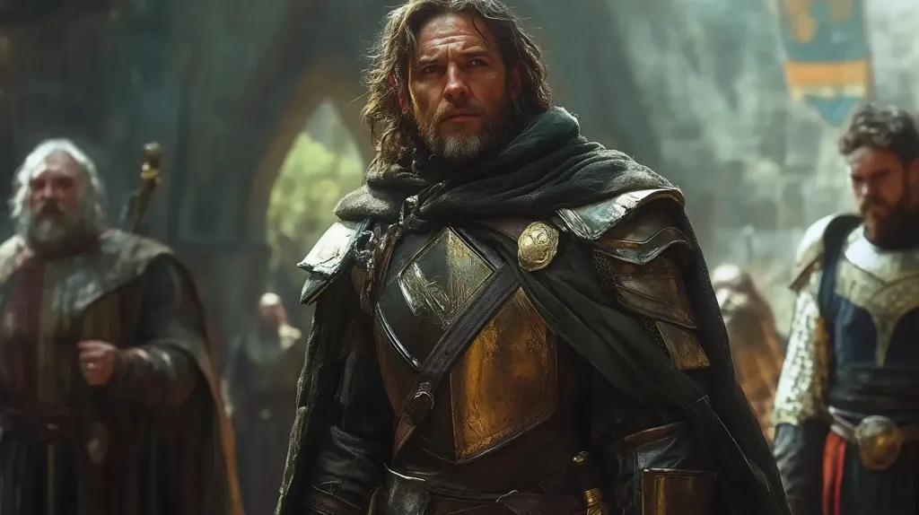 A man with long brown hair and a beard, clad in ornate gold and dark armor, stands prominently.  He wears a dark cloak over his shoulders.  A golden emblem is visible on his chest plate.  Behind him, blurred but visible, are other figures in medieval-style clothing and armor, suggesting a scene from a fantasy film or television show.  The background is dark and atmospheric, with hints of stone architecture. The overall impression is one of power and authority in a fantastical setting.