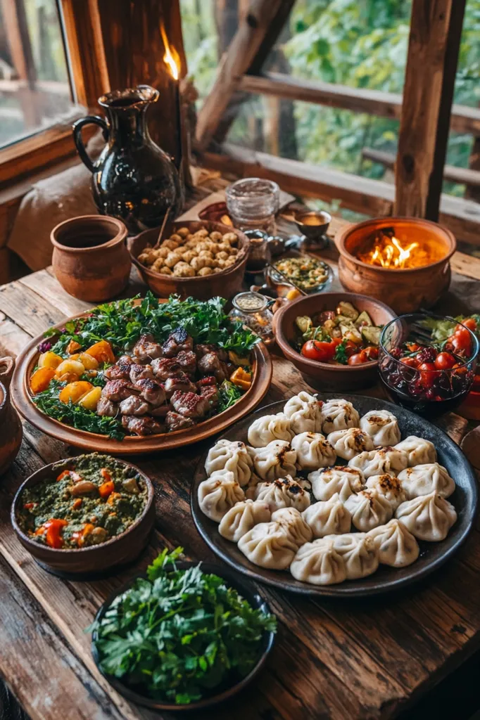 A rustic wooden table is laden with a feast of Georgian cuisine.  Earthenware bowls and platters overflow with grilled meats, vibrant salads featuring tomatoes and herbs,  khinkali (dumplings), and various other dishes.  A clay brazier glows warmly nearby, adding to the inviting ambiance.  The setting is idyllic, with a verdant landscape visible through a large window. The overall impression is one of abundant hospitality and delicious food.