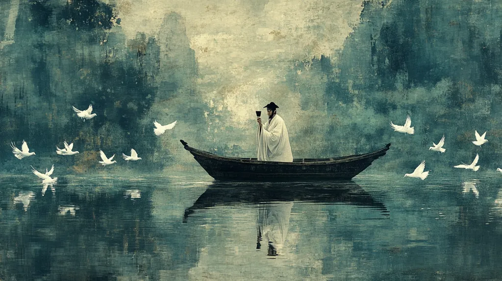 A serene, stylized painting depicts a lone figure in a small wooden boat on a calm, teal-colored lake.  The figure, wearing flowing white robes and a hat, holds a dark object.  Several white birds fly around the boat, adding to the peaceful atmosphere.  The background features a misty, painterly landscape of dark teal and muted greens, suggesting mountains or hills shrouded in fog. The overall style evokes a sense of tranquility and contemplation.