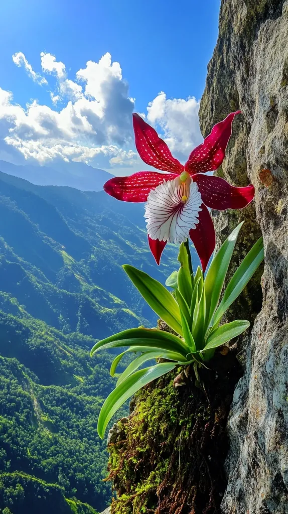 A vibrant red and white orchid blossoms dramatically against a breathtaking backdrop.  It clings to a moss-covered rock face, overlooking a vast, undulating landscape of lush green mountains that stretch to a clear blue sky dotted with fluffy white clouds. The scene evokes a sense of wild beauty and the resilience of nature in a remote, mountainous region.  The contrast between the delicate flower and the rugged terrain is striking.