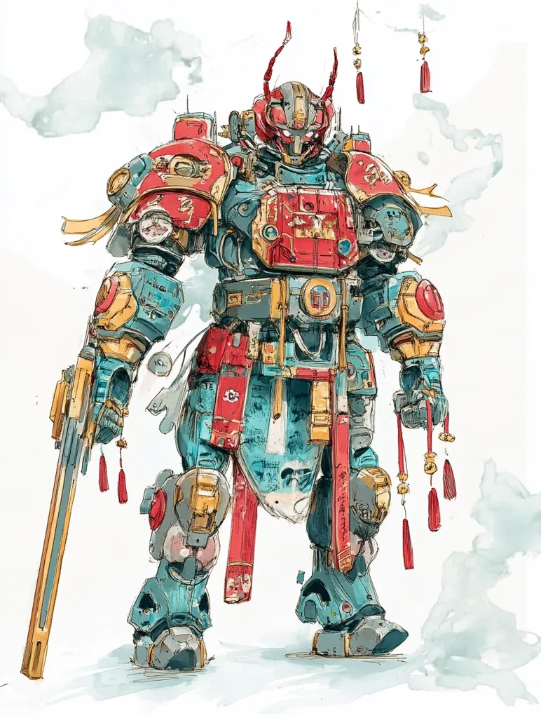 The illustration depicts a large, imposing mech warrior, rendered in a watercolor style.  Its armor is a vibrant mix of teal, gold, and red, adorned with Chinese-inspired embellishments like tassels and symbolic markings. The mech wields a long, gold-colored weapon and features a helmet with stylized horns. The overall aesthetic blends futuristic mecha design with traditional Chinese art elements, creating a unique and visually striking image.  A light wash of watercolor suggests a hazy or misty background.