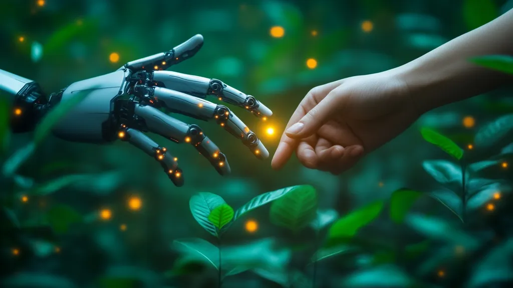 A robotic hand and a human hand reach towards each other in a lush, green, nighttime environment.  Glowing particles emanate from the point of near-contact, suggesting a connection or transfer of energy.  The background is blurred, focusing attention on the hands and a small sprouting plant in the foreground. The scene evokes a sense of technological advancement harmoniously coexisting with nature.