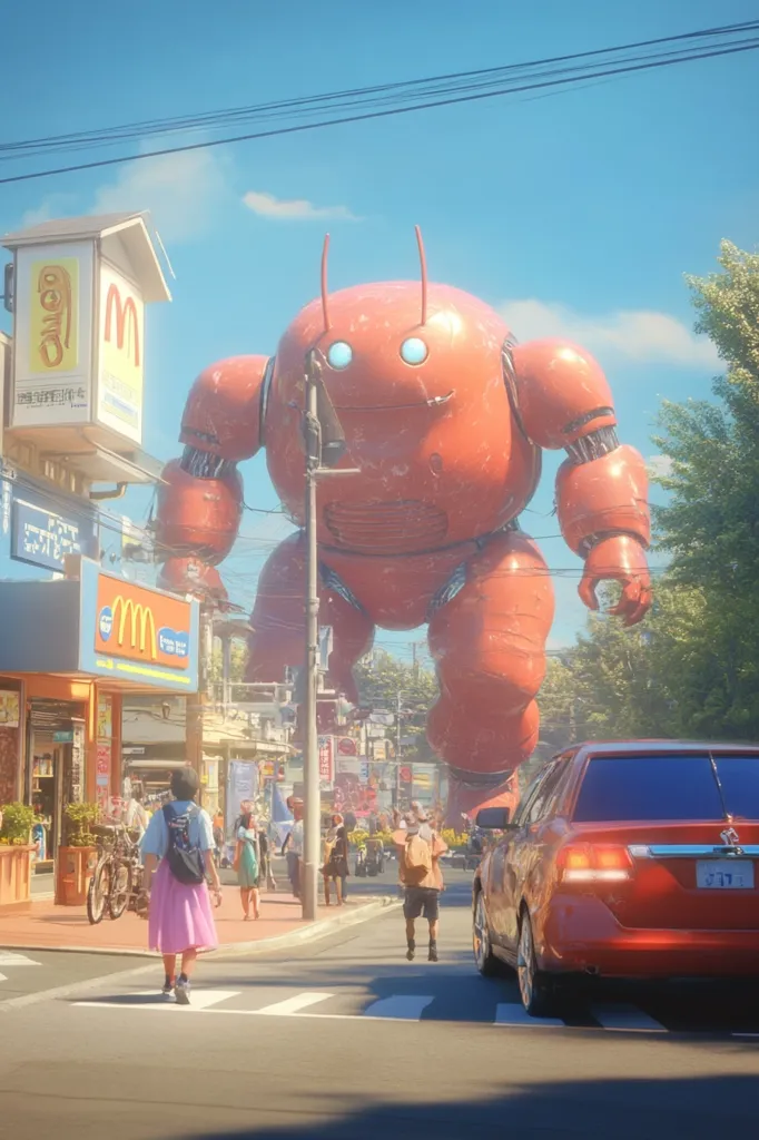 A giant, rusty-red robot, resembling a stylized Android, looms over a bustling Japanese street scene.  Its smooth, rounded body contrasts with its mechanical joints.  People, seemingly unfazed, go about their daily lives, walking past a McDonald's and other shops.  A red car is parked near the crosswalk, dwarfed by the colossal robot's presence.  The sunny day and bright colors create a surreal yet peaceful atmosphere.