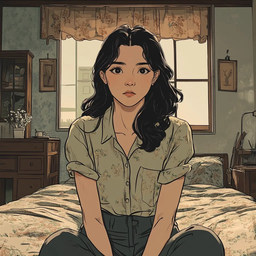 Here's a description of the image:

The illustration depicts a young woman with long, dark hair, sitting on a bed in a vintage-style bedroom. She's wearing a pale green, floral button-down shirt and dark pants. Her expression is serene, almost pensive. The room is softly lit, with sunlight filtering through a window draped with a floral curtain.  The background features a dresser, framed pictures, and other period details, creating a calm and nostalgic atmosphere.  The style is reminiscent of a graphic novel or comic book, with detailed linework and muted earth tones.
