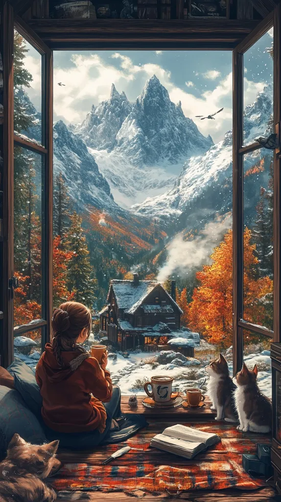 A girl sits in a cozy window seat, enjoying a warm drink.  Two cats sit beside her, gazing out at the stunning view.  The window frames a picturesque scene of snow-capped mountains, autumnal forests, and a charming cabin nestled in the valley.  The overall atmosphere is peaceful and serene, evoking a sense of quiet contemplation and the beauty of nature.  A book lies open on the window seat, adding to the scene's calmness.