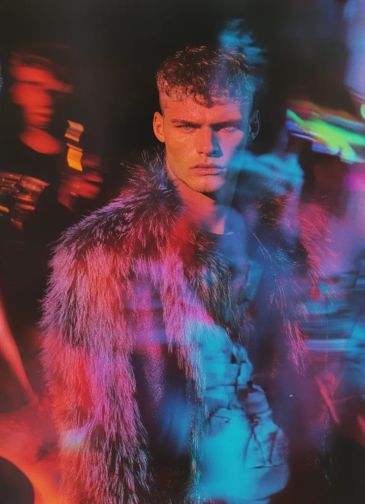 Here's a description of the image:

The photograph is a stylized portrait of a young man with short, light brown hair. He's wearing a vibrant, fluffy jacket in shades of pink and purple, giving a luxurious, almost surreal feel. The background is blurred, suggestive of a bustling, possibly nighttime scene, with hints of colorful lights and indistinct figures.  The overall effect is one of movement and energy, with the neon-like colors enhancing the dramatic mood. The man's expression is serious, almost intense, contributing to the mysterious atmosphere. The image's vibrant colors and motion blur create a visually striking and captivating composition.