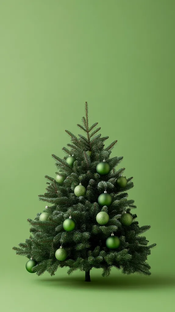Here's a description of the image:

A full shot of a small, artificial Christmas tree stands against a solid pale-green background.  The tree is decorated with numerous matte green ornaments of varying sizes, hanging from its branches.  The tree itself is full and lush, a deep evergreen color. The overall aesthetic is minimalist and monochromatic, creating a serene and festive atmosphere. The lighting is even, preventing harsh shadows, and the focus is sharply on the tree.