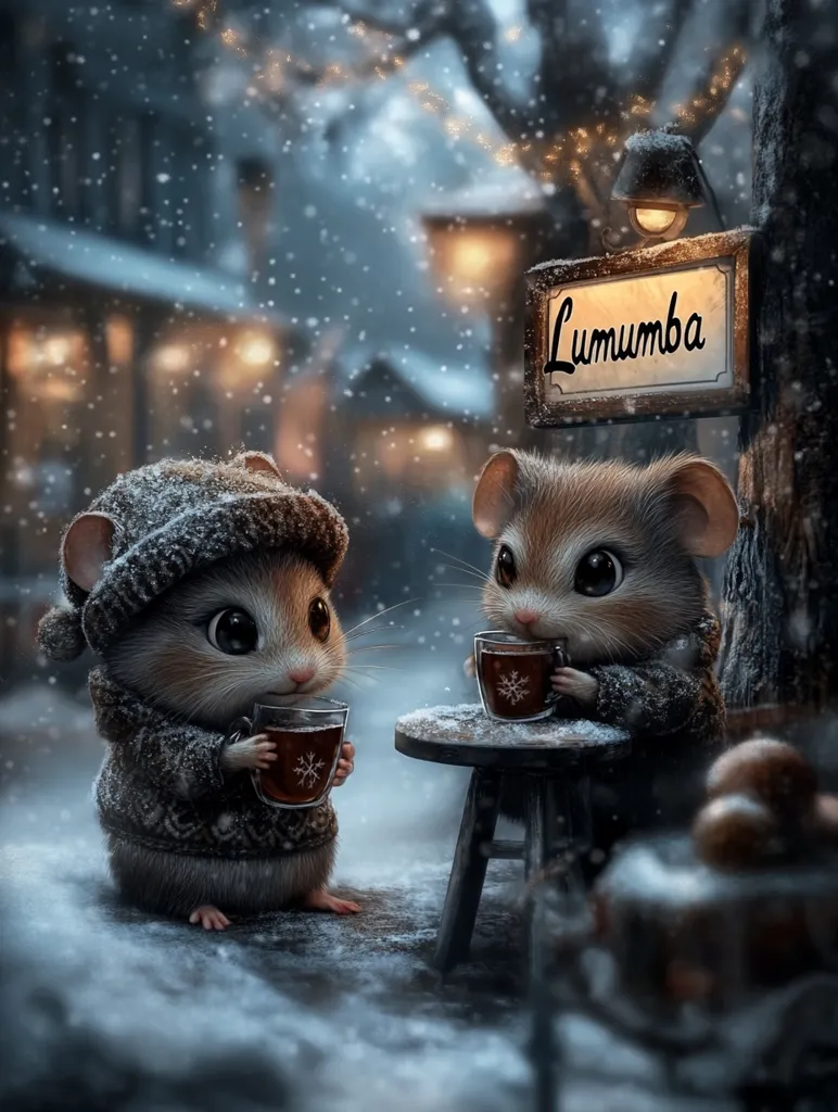 Two adorable, anthropomorphic mice, bundled in winter sweaters and hats, sit at a small snow-dusted table outside a quaint, snow-covered shop named "Lumumba."  They are enjoying warm drinks from small mugs, creating a charming winter scene. The background is softly blurred, showcasing a snowy village with warm, inviting lights. The overall mood is cozy, whimsical, and festive.