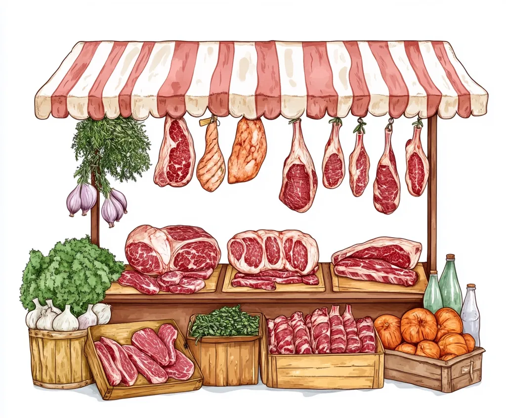 A charming illustration depicts a butcher's stall, brimming with various cuts of meat.  Hanging from the striped awning are numerous prime cuts, while neatly arranged on wooden counters and crates below are steaks, roasts, and other selections.  Fresh herbs and garlic add a touch of freshness, complementing the raw meat.  A basket of oranges and bottles of drinks are also displayed, completing the lively market scene. The style is reminiscent of vintage market illustrations, with detailed lines and warm coloring.
