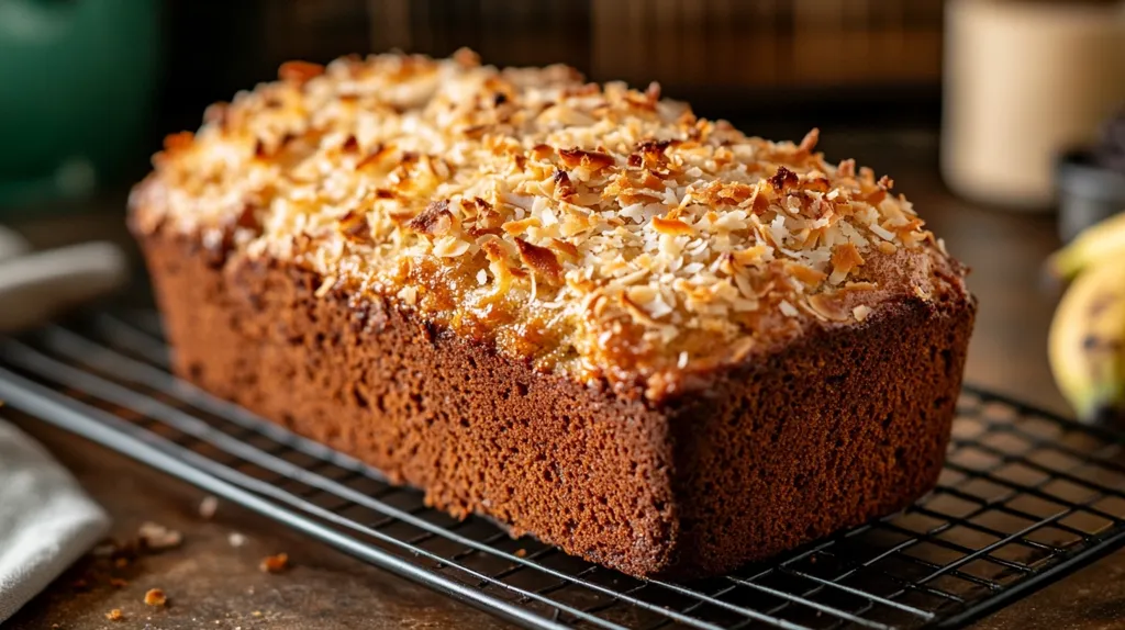 A loaf of coconut banana bread sits on a wire rack, its golden-brown crust speckled with toasted coconut flakes.  The bread's texture appears moist and slightly crumbly.  The background is blurred, suggesting a rustic kitchen setting with hints of dark wood and possibly bananas. The warm lighting enhances the baked good's appealing color and texture.