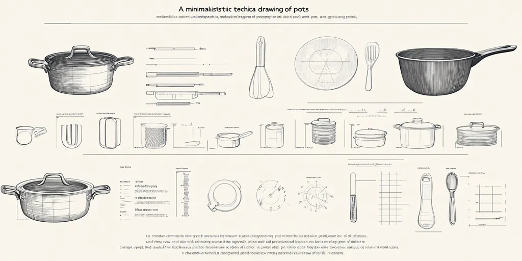 This image is a technical drawing showcasing a minimalist style depiction of various pots and cooking utensils.  The drawing includes detailed linework illustrating different types of pots, lids, strainers, whisks, and spoons.  Measurements and specifications are also presented, suggesting a design or manufacturing blueprint. The style is precise and clean, emphasizing form and function.  The overall aesthetic is both technical and artistic.