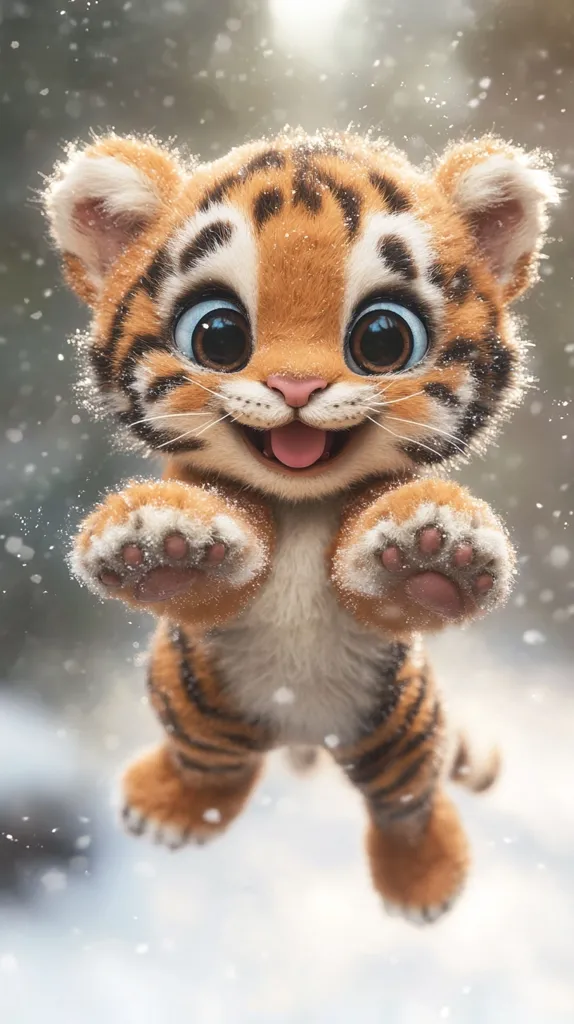 An adorable, cartoonish tiger cub leaps through a softly falling snow.  Its large, expressive eyes and open mouth convey pure joy.  The cub's fluffy fur is detailed, showing its orange and black stripes.  The background is a blurry, snowy landscape, creating a charming winter scene. The overall impression is one of warmth and cuteness.