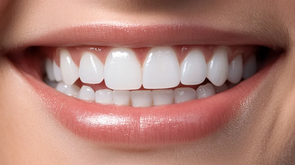 Close-up of a woman's smile, showcasing perfectly aligned, bright white teeth.  The lips are full and a natural, light pink color. The skin is smooth and flawless.  The overall image is clean and emphasizes the health and beauty of the teeth and smile.  The focus is sharp, highlighting the details of the enamel.