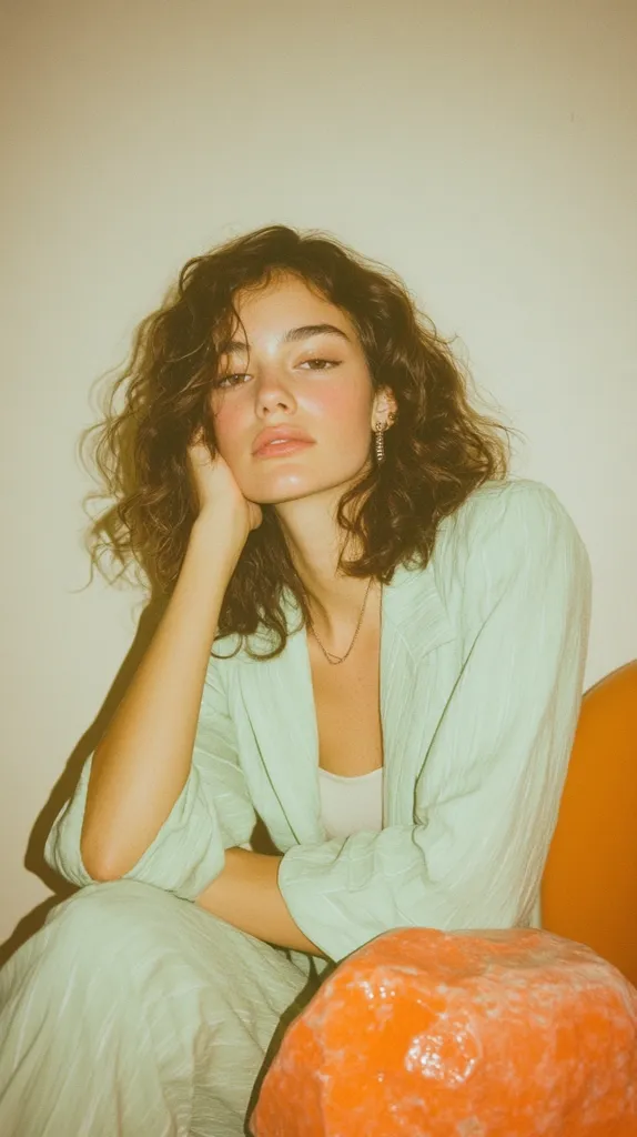 Here's a description of the image:

A young woman with shoulder-length, curly brown hair sits against a vibrant orange object, possibly a piece of furniture or sculpture. She's wearing a light mint green, loosely-fitting blazer and matching pants. Her pose is relaxed, one hand resting on her cheek, her expression calm and slightly pensive. The overall aesthetic is soft and warm, with a vintage or retro filter applied to the photo, enhancing the pastel tones.  The background is a muted, off-white wall.  She wears delicate earrings.