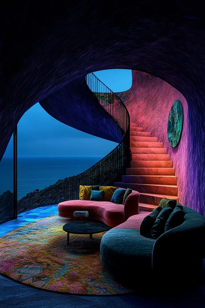 Here's a description of the image:

The image showcases a stunning, modern living space carved into a cliffside, offering breathtaking ocean views.  A curved, pink-hued staircase spirals upwards, contrasting with the dark, cave-like architecture.  Luxurious, plush seating in rich jewel tones—burgundy and deep teal—is arranged around a low coffee table on a vibrant, multicolored rug. Large windows provide panoramic ocean vistas at dusk, creating a dramatic and serene atmosphere.  A circular artwork hangs on the wall, adding to the sophisticated ambiance of this unique home.