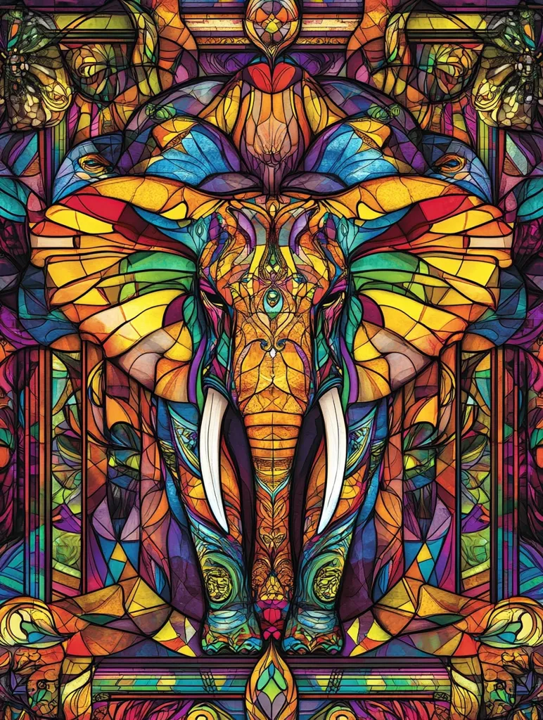 Here's a description of the image:

The image is a vibrant, stylized depiction of an elephant, rendered in a stained-glass style.  Rich jewel tones of red, yellow, blue, purple, and green dominate the piece.  The elephant is centrally positioned, its detailed features emphasized by the intricate geometric patterns of the glasswork.  The background is equally complex, featuring symmetrical designs and fragmented shapes that enhance the overall feeling of rich tapestry or ornate window.  The style evokes a sense of spirituality and cultural richness, suggesting influences from South Asian art.