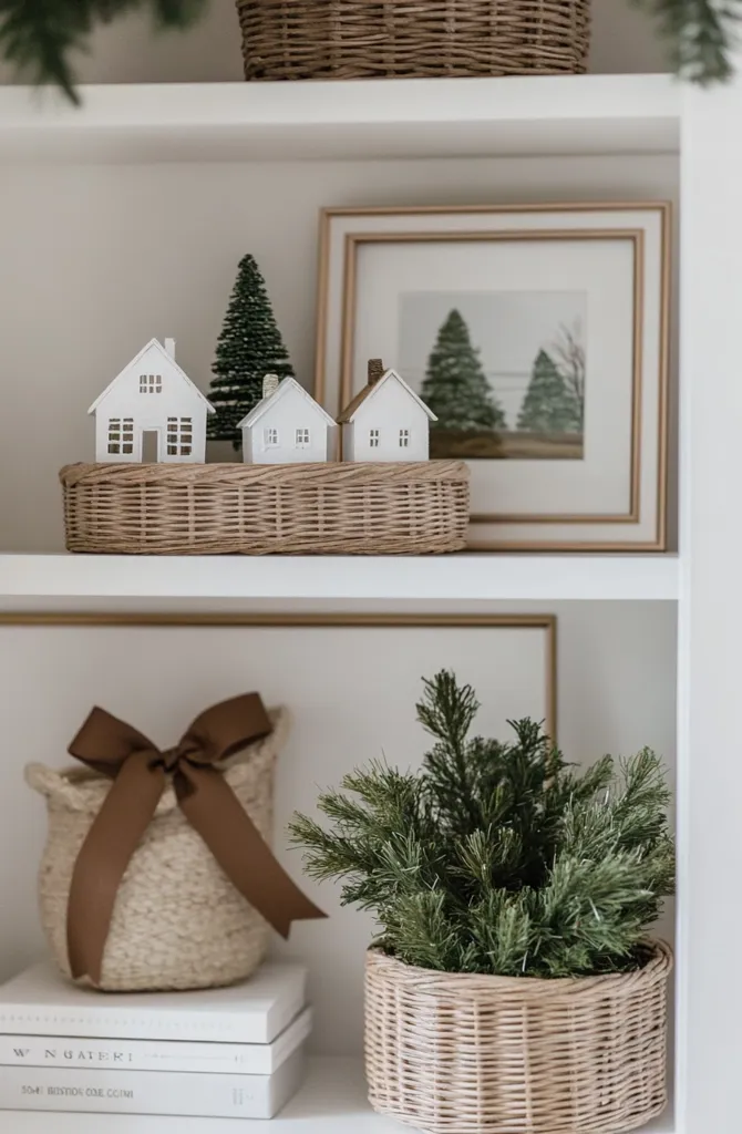 Here's a description of the image:

A white shelf displays a curated collection of winter-themed decor.  Three miniature white houses and a small artificial evergreen tree sit nestled in a light brown wicker basket.  Behind them, a framed print depicting a serene winter landscape adds to the calming aesthetic. Below, a beige woven basket, adorned with a brown ribbon, rests atop a stack of books.  Another wicker basket, this one containing a fuller artificial evergreen sprig, is positioned to the right.  The overall style is minimalist and serene, evoking a feeling of cozy winter charm.  A larger wicker basket is visible on the shelf above.