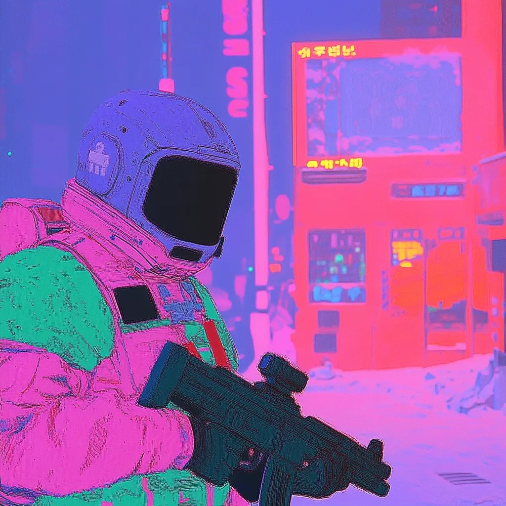 The image is a stylized digital artwork depicting an astronaut in vibrant pink and green attire, holding a submachine gun. The astronaut's helmet is purple, and their suit features a patch with an indiscernible symbol. The background showcases a neon-lit city street, bathed in pink and purple hues, with Asian characters visible on a storefront. The overall aesthetic is reminiscent of cyberpunk or vaporwave art styles, with a distinct blend of futuristic and retro elements. The scene is rendered with a slightly grainy texture, adding to its digital art feel.