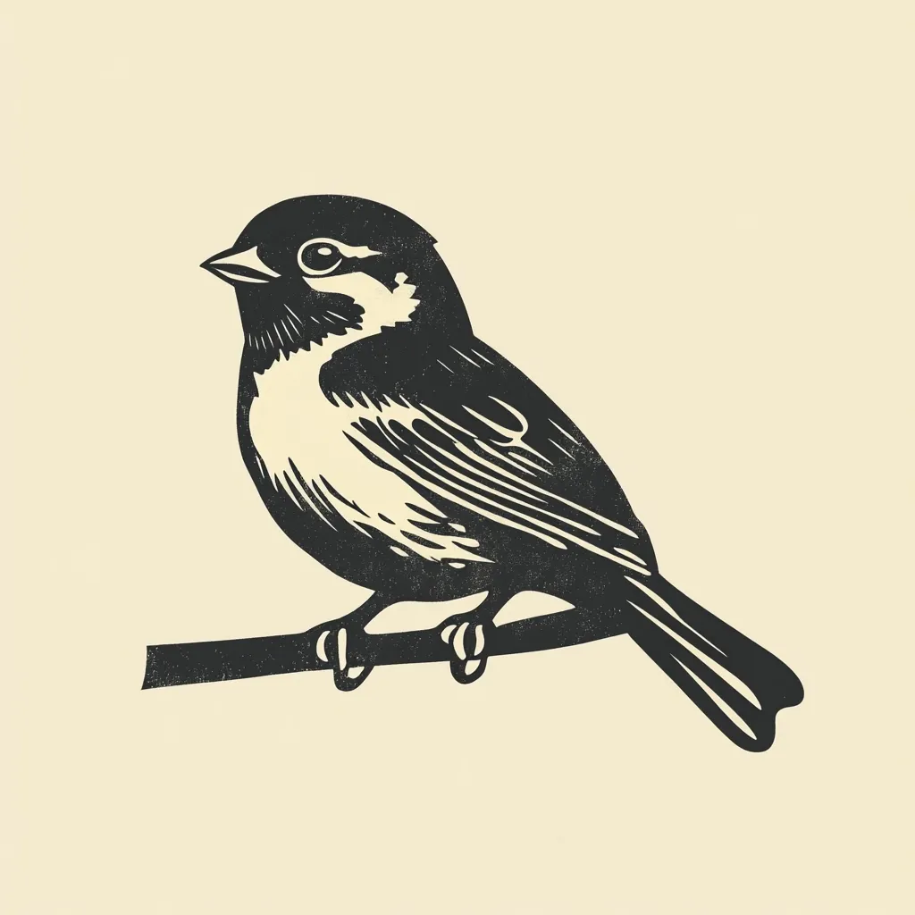 Here's a description of the image:

The image is a linocut-style illustration of a small bird, possibly a sparrow, perched on a branch.  The bird is depicted in stark black and white, with a textured, slightly grainy appearance characteristic of the printmaking technique. The bird is shown in profile view, facing left, with detailed feather markings. The branch is simple and unadorned, serving as a perch for the bird. The background is a pale, creamy beige, providing a neutral backdrop that accentuates the black bird and branch. The overall style is simple, elegant, and evokes a vintage or rustic aesthetic.
