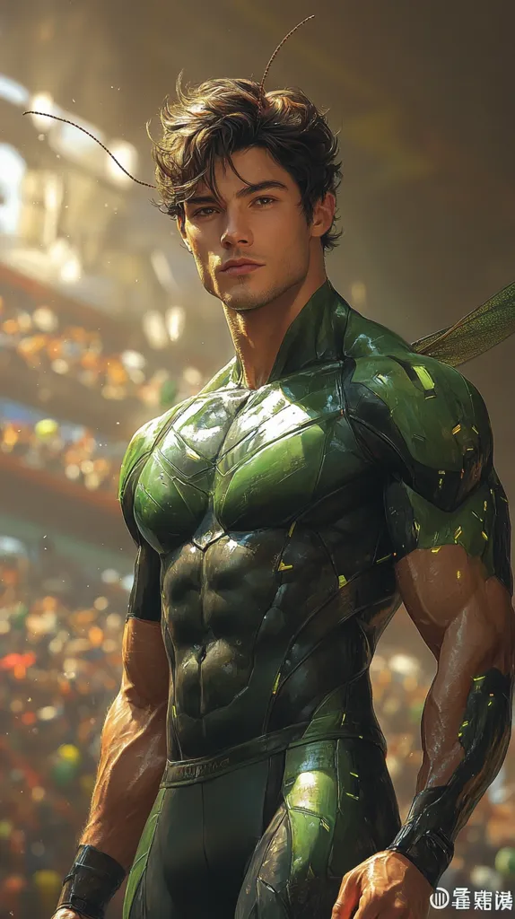 The image depicts a muscular, stylized male figure in a dark green, form-fitting suit.  The suit appears technological, with a subtly armored design.  He has dark brown hair and antennae-like extensions emerging from the sides of his head, suggesting an insect-like theme. His expression is serious and confident.  He stands against a blurred background of a large crowd, possibly in a stadium or arena. The overall style is digital painting, with a focus on realism and detail in the character's physique and costume.