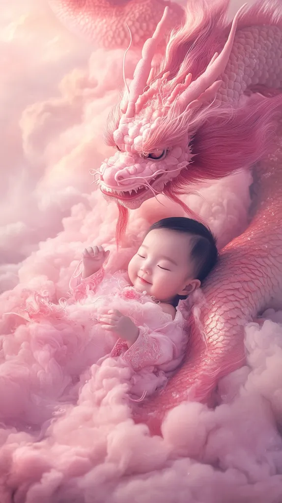 Here's a description of the image:

The image is a dreamy, surreal portrait of a sleeping infant nestled against a large, pale pink dragon.  The baby, dressed in a delicate pink gown, lies peacefully amidst soft, cotton-candy-like clouds. The dragon, intricately detailed with scales and flowing mane, appears gentle and protective. The overall palette is soft pink and white, creating a whimsical, ethereal atmosphere. The scene evokes a sense of fantasy and innocence.