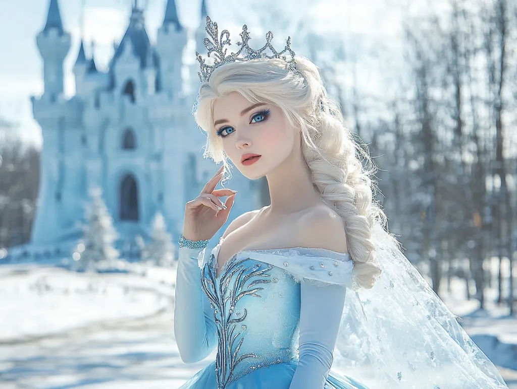 A stunning blonde woman, resembling a princess, stands before a majestic ice castle.  She wears a light blue gown embellished with silver detailing, a sparkling tiara atop her long braid. Her icy blue eyes and regal pose create an ethereal, wintery scene.  The background showcases a snow-covered landscape and the castle, enhancing the fairytale atmosphere.  She looks directly at the viewer with a captivating expression.