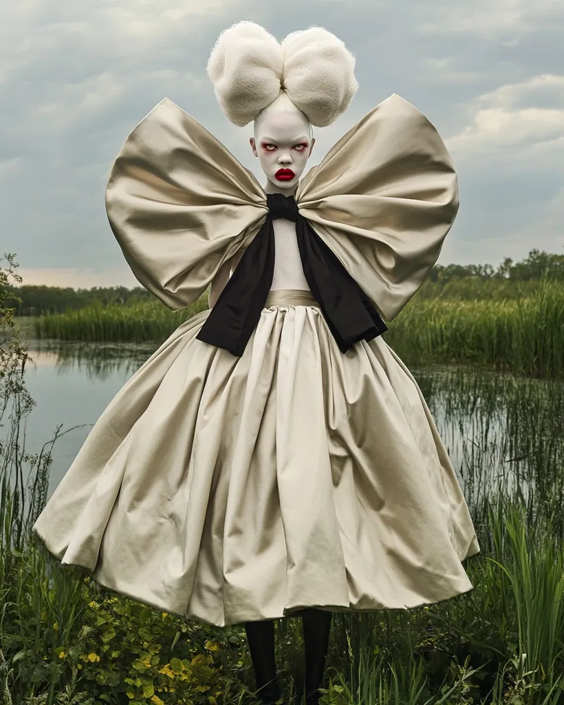 Here's a description of the image:

The photograph showcases a striking fashion model, their skin painted white, contrasting with vibrant red lips.  Their hair is styled in a large, fluffy white bow, mirroring the oversized beige bow adorning their dress.  The dress itself is a voluminous, light beige, full-skirted design. The model stands in a serene, natural setting, with tall grass and a calm body of water in the background. The overall aesthetic is dramatic and artistic, emphasizing the contrast between the model's stark appearance and the tranquil environment.