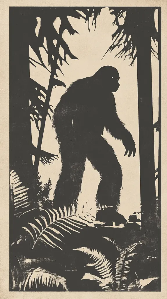 Here's a description of the image:

The image is a stylized, black and white illustration of Bigfoot.  The creature is depicted in silhouette, walking through a forest.  Tall, slender trees flank Bigfoot, their branches reaching towards the lighter background.   Large fern-like plants are prominent in the foreground and undergrowth.  The style is reminiscent of vintage linocut or woodcut prints, with a textured, slightly rough appearance to the black ink.  The overall mood is mysterious and evocative of the legendary creature's elusive nature.