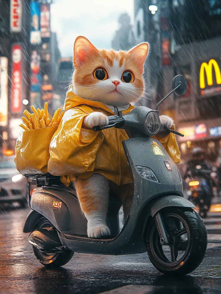 Here's a description of the image:

A charming, wide-eyed orange and white cat, wearing a yellow raincoat, sits astride a dark gray motor scooter in a bustling, rain-swept city.  A bag of french fries is secured to the scooter's back.  The background is blurred but shows vibrant city lights and signage, including a partially visible McDonald's logo. Raindrops are visible on the wet streets and the scooter itself. The overall scene is whimsical and evokes a feeling of urban adventure.
