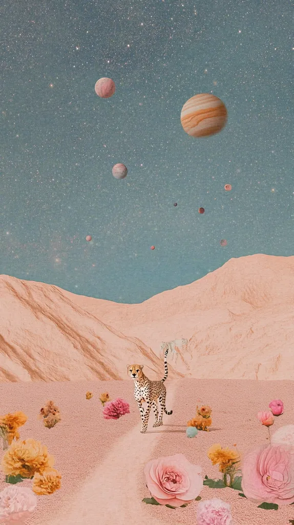 A surreal digital artwork depicts a cheetah standing on a pale pink, sandy path amidst blossoming flowers in a desert landscape.  The background features a pastel sky speckled with stars and several planets of varying sizes and colors. The overall aesthetic is dreamy and whimsical, blending elements of nature and space in a harmonious, otherworldly scene. The color palette is soft and muted, enhancing the dreamlike quality.