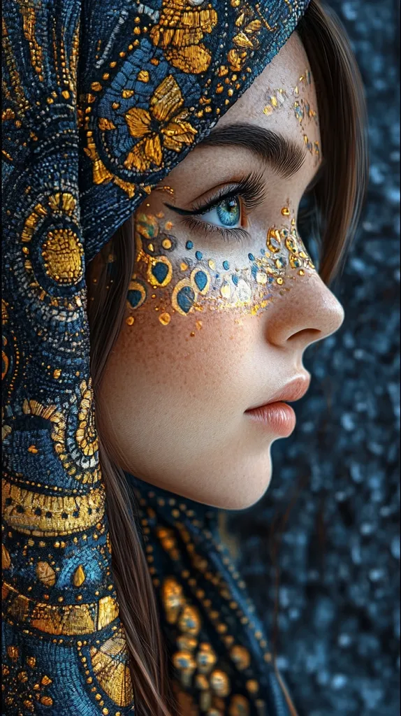 Here's a description of the image:

The image showcases a close-up profile view of a young woman. She is adorned in a richly detailed head covering, a deep blue fabric heavily embroidered with gold thread in intricate floral and geometric patterns.  Her face is partially decorated with gold and teal paint, mirroring the colors and design of her headdress. Her eyes, a striking blue, are accentuated by the makeup and gaze thoughtfully towards the horizon.  The overall effect is one of regal elegance and mysterious beauty, enhanced by a dark, textured background. The style suggests a digitally enhanced or artistic rendering rather than a photograph.