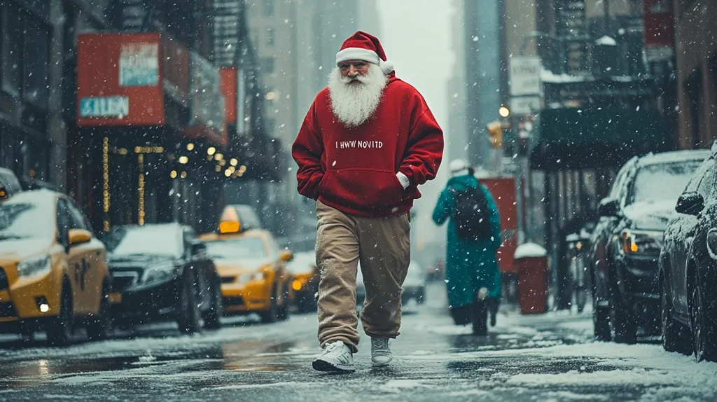 A modern Santa Claus, sporting a red hoodie with an indiscernible inscription and khaki pants, strolls down a snowy city street.  He's wearing a Santa hat and his long white beard is visible.  The background is blurred, showing snow-covered cars and buildings under a falling snow. The overall atmosphere is one of a chilly, urban Christmas scene.