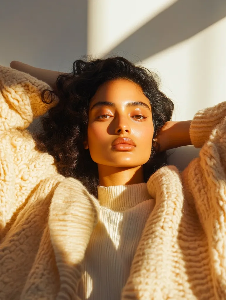 Here's a description of the image:

A young woman with dark, curly hair rests her head in her hands, which are draped over a cream-colored, chunky knit cardigan.  Sunlight streams in, illuminating her face and the textured fabric of her sweater. Her makeup is minimal and natural, enhancing her warm skin tone. The overall mood is serene and sun-drenched, capturing a moment of calm and peaceful relaxation.  The image has a soft, almost ethereal quality, due to the light and the model's expression.