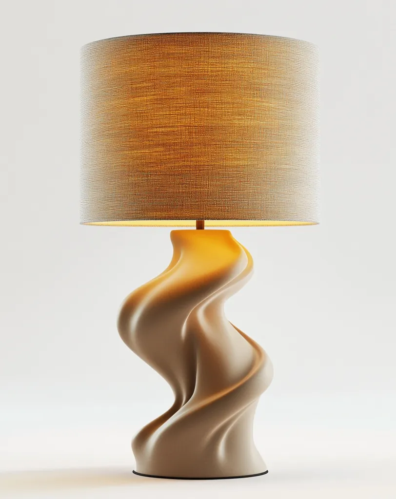 A modern table lamp features a unique, sculpted base. The base is a light beige, with a swirling, fluid design that resembles flowing fabric or melted wax.  A cylindrical lampshade of a similar light beige hue, with a subtle textured linen-like finish, sits atop the base. The lamp is illuminated, casting a warm glow. The overall aesthetic is minimalist and elegant, with a focus on organic form.