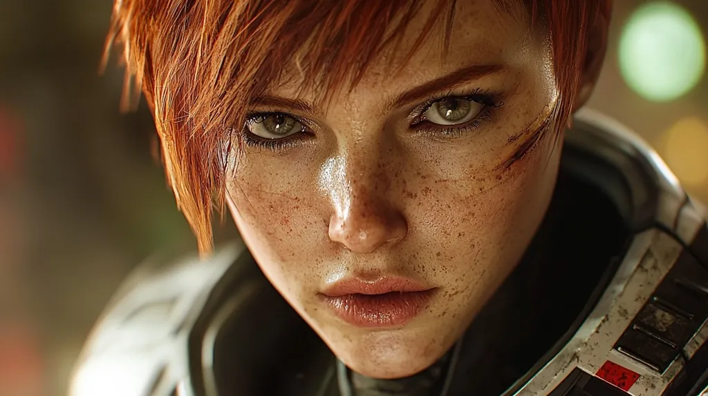 Close-up of a young woman with short, fiery red hair and numerous freckles across her face.  Her intense green eyes and serious expression convey determination.  Scars are visible on her cheek, suggesting a history of hardship or combat. She's wearing a partially visible, worn, white and grey armored suit, hinting at a science fiction or action setting. The background is blurred, focusing attention on her face.