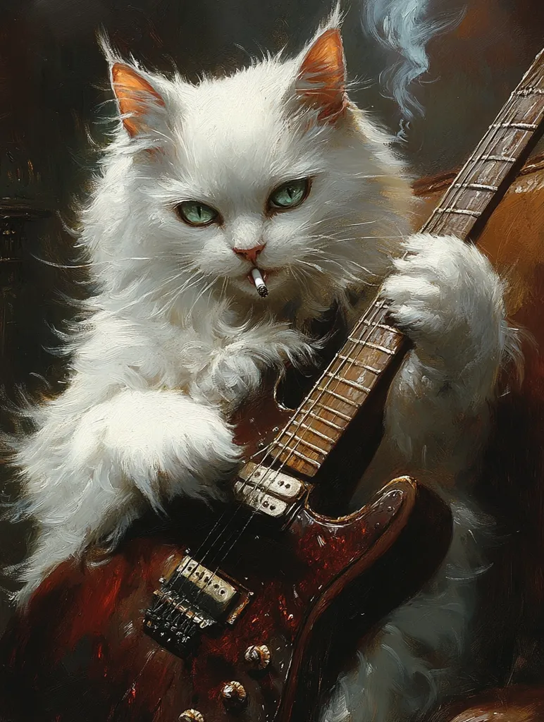 A long-haired white cat with piercing green eyes sits and plays a dark red electric guitar.  A cigarette dangles from its mouth, smoke curling into the air. The cat's expression is cool and nonchalant, its paws delicately placed on the instrument. The painting style is realistic with a focus on texture, particularly the cat's fur and the guitar's finish. The overall mood is one of sophisticated coolness and a touch of rebelliousness.