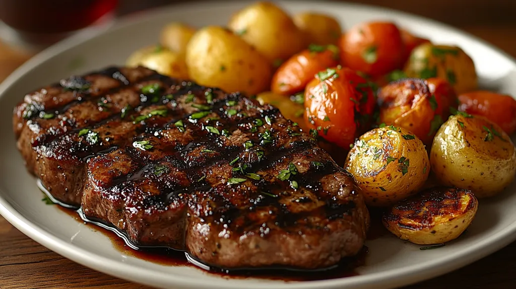 Here's a description of the image:

A perfectly grilled steak, glistening with a rich, dark sauce, takes center stage on a white plate.  The steak is beautifully seared with grill marks and sprinkled with fresh herbs.  Accompanying the steak are roasted potatoes, golden brown and slightly crisp, and roasted cherry tomatoes, adding pops of vibrant color.  The entire dish is elegantly presented, suggesting a gourmet meal. The background hints at a rustic wooden table, enhancing the overall appetizing appeal.