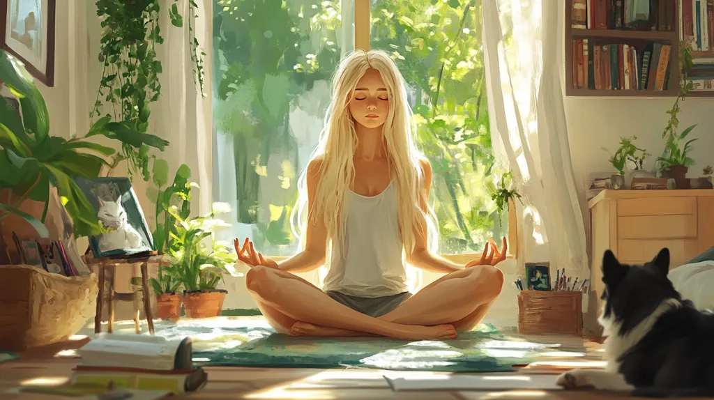 Sunlight streams through a window, illuminating a blonde woman sitting cross-legged on a mat, eyes closed in peaceful meditation. Lush green plants and a bookcase filled with books surround her. A calm atmosphere pervades the scene, enhanced by a dog resting quietly nearby.  The overall style is serene and painterly, with soft light and muted colors creating a sense of tranquility.  Books and a small wooden stool add to the homely, peaceful ambiance.