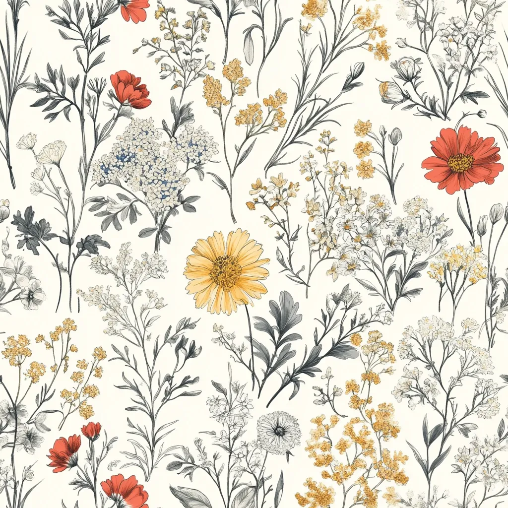 This image shows a seamless floral pattern on a cream background.  The design features a variety of flowers and foliage in shades of red, yellow, and grey. The flowers include delicate blooms, larger daisies, and smaller, more clustered blossoms. The leaves and stems are drawn in a detailed, almost sketched style, creating a vintage or botanical feel. The pattern is densely packed but maintains a balance and visual harmony.  The overall style is elegant and reminiscent of vintage botanical illustrations.