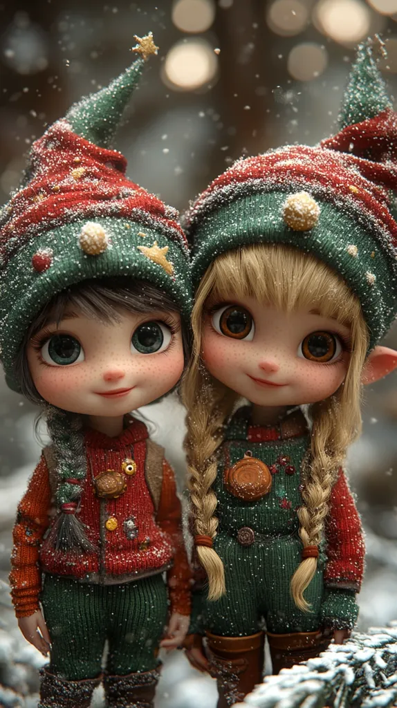 Here's a description of the image:

Two adorable elf dolls, a boy and a girl, stand close together in a snowy winter scene.  They wear charming, knitted elf hats and matching green and red outfits, adorned with festive details and speckled with faux snow.  The girl's blonde braids and the boy's dark hair peek out from under their hats. Their large, expressive eyes and rosy cheeks convey a sweet and innocent charm. The background is softly blurred, showing a bokeh effect of out-of-focus lights and a snowy forest setting, adding to the magical, Christmas-like atmosphere.