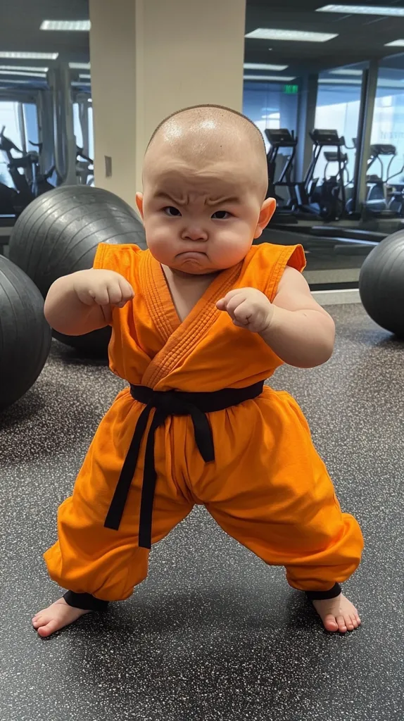 Here's a description of the image:

A bald baby, displaying a serious expression, is captured in a full shot.  The infant is dressed in an orange martial arts gi with a black belt, mimicking a fighting stance.  The setting appears to be a gym, with exercise equipment visible in the blurred background and large exercise balls flanking the baby.  The baby's intense facial expression contrasts humorously with its size and attire, creating a visually striking image.