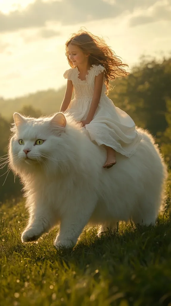 A young girl with long, flowing brown hair sits atop a giant, fluffy white cat.  The girl wears a white dress and appears serene. The enormous cat strolls through a sun-drenched field of green grass, its fur glowing in the golden light. The scene evokes a whimsical, fairytale-like atmosphere, suggesting a magical bond between the child and the unusually large feline.  The background features a soft focus on a distant landscape.
