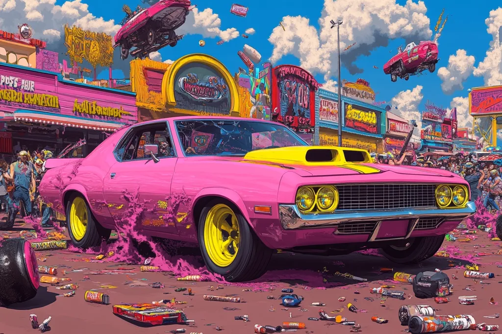 A vibrant, stylized illustration depicts a pink muscle car, its yellow hood scoop contrasting sharply, speeding through a chaotic, retro-futuristic cityscape.  The street is littered with debris, candy wrappers, and discarded items, adding to the sense of frenetic energy.  Surrounding the car, a crowd of onlookers and flying cars contribute to the surreal, almost dystopian atmosphere.  The buildings display bright, bold signage, reminiscent of a carnival or amusement park, creating a visually striking and imaginative scene.