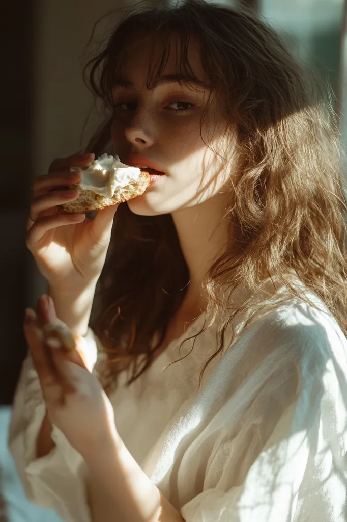 Here's a description of the image:

The photograph features a young woman with long, wavy brown hair, partially obscuring her face. She's dressed in a loose-fitting, off-white linen shirt. Sunlight streams in from a nearby window, casting soft shadows across her face and clothing.  The woman is delicately holding and eating a piece of bread with a creamy white spread, the act captured in a serene and intimate moment. The overall mood is calm and aesthetically pleasing, with a focus on natural light and soft textures.