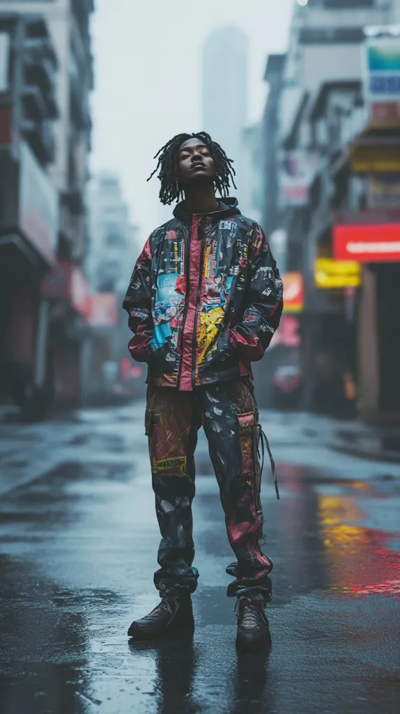 A young Black man with dreadlocks stands in a wet city street, head tilted back. He wears a vibrant, collage-style jacket and matching pants, both displaying a mix of textures and colors.  His dark boots and the reflective wet pavement create a stark contrast with his bold outfit. The blurred background of tall buildings suggests an urban environment, emphasizing the individual in the foreground. The overall mood is contemplative and stylish.