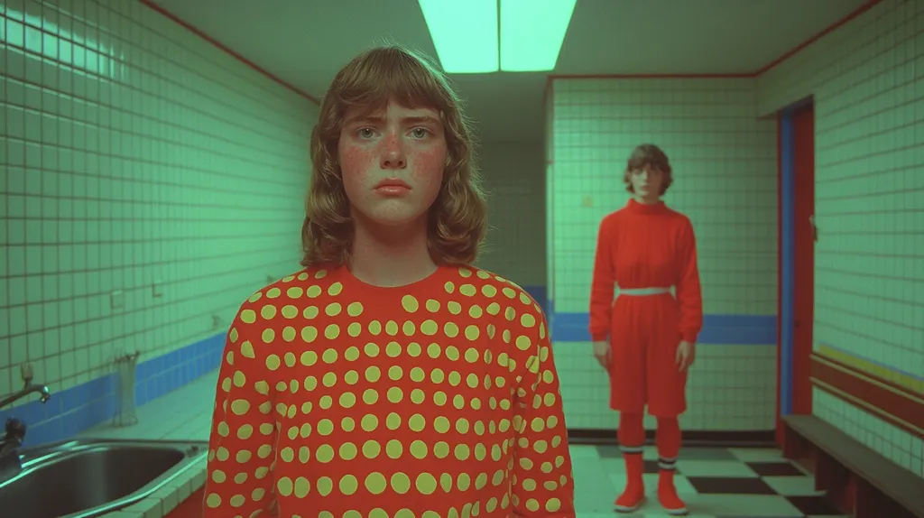 Here's a description of the image:

The photograph shows two figures in a tiled hallway, bathed in a muted, greenish light. The foreground features a young person with shoulder-length brown hair, wearing a red long-sleeved shirt covered in yellow polka dots.  Their expression is serious.  Further down the hallway, a second, slightly shorter individual in a solid red jumpsuit and red socks stands with a similar expression. Both figures appear to be adolescents. The hallway has aqua-green tiles, and a simple sink is visible in the background. The overall color palette is muted and saturated, creating a somewhat eerie atmosphere.