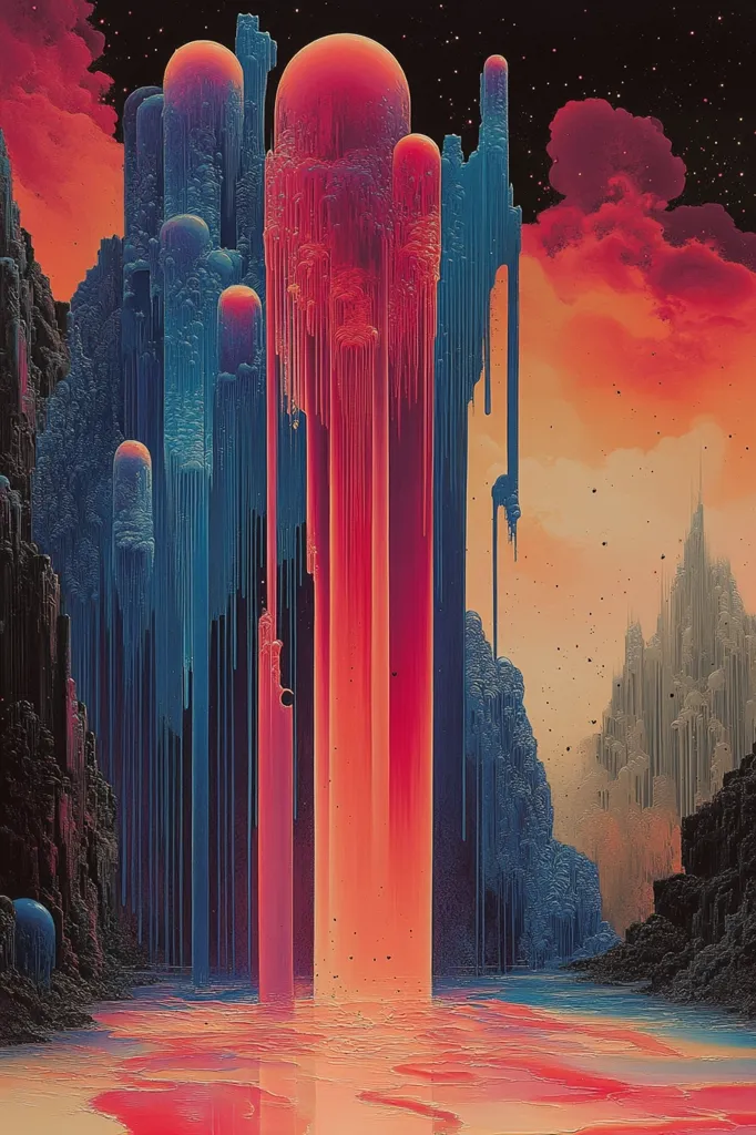 The image presents a surreal, otherworldly landscape.  Tall, slender structures resembling melting pillars dominate the center, predominantly in vibrant shades of red and blue.  These structures seem to drip or flow into a reflective pool of pinkish-red water.  The background features a dusky, orange sky, punctuated by stars and dark, rocky formations.  The overall style is reminiscent of digital art or a fantasy illustration, conveying a sense of dreamlike wonder and perhaps a post-apocalyptic or futuristic setting.