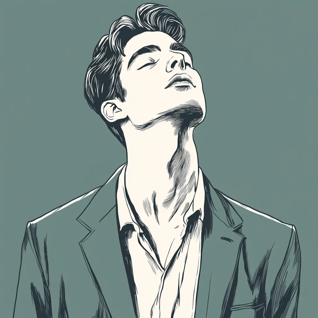 The illustration is a stylized black and white portrait of a man, possibly in his twenties, with his head tilted back and eyes closed.  He has styled dark hair and is wearing a suit jacket over a collared shirt. The drawing style is reminiscent of a comic book or graphic novel, with bold lines and shading used to create a sense of depth and texture.  The muted teal background enhances the contrast of the figure.  The overall mood is one of serenity or contemplation.